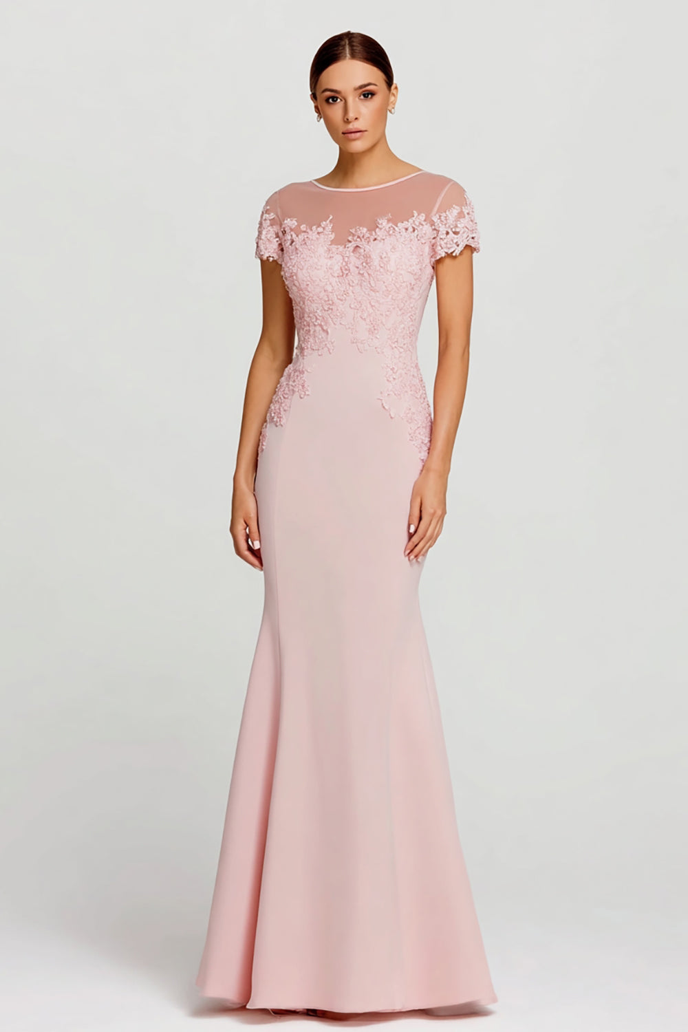 Pink Boat Neck Mermaid Long Formal Dress with Lace