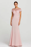 Pink Boat Neck Mermaid Long Formal Dress with Lace