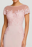 Pink Boat Neck Mermaid Long Formal Dress with Lace