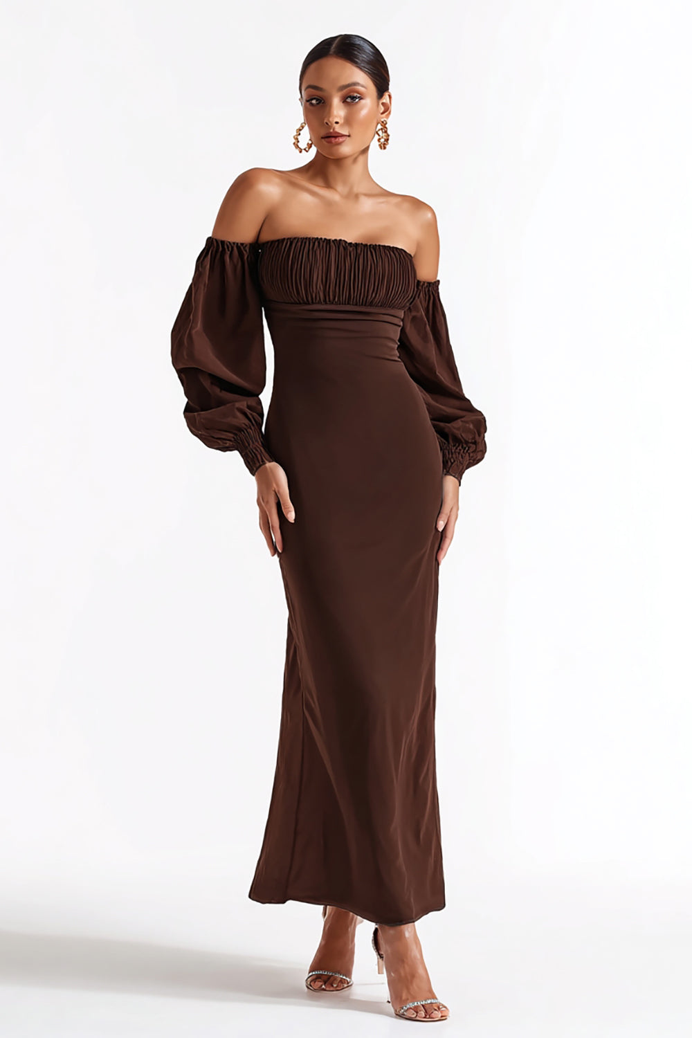 Coffee Satin Strapless Mermaid Long Formal Dress with Sleeves