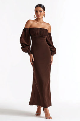 Coffee Satin Strapless Mermaid Long Formal Dress with Sleeves