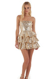 Sparkly Gold Strapless Sequin Tiered Short Cocktail Dress with Ruffles