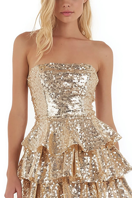 Sparkly Gold Strapless Sequin Tiered Short Cocktail Dress with Ruffles