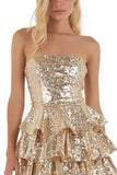 Sparkly Gold Strapless Sequin Tiered Short Cocktail Dress with Ruffles