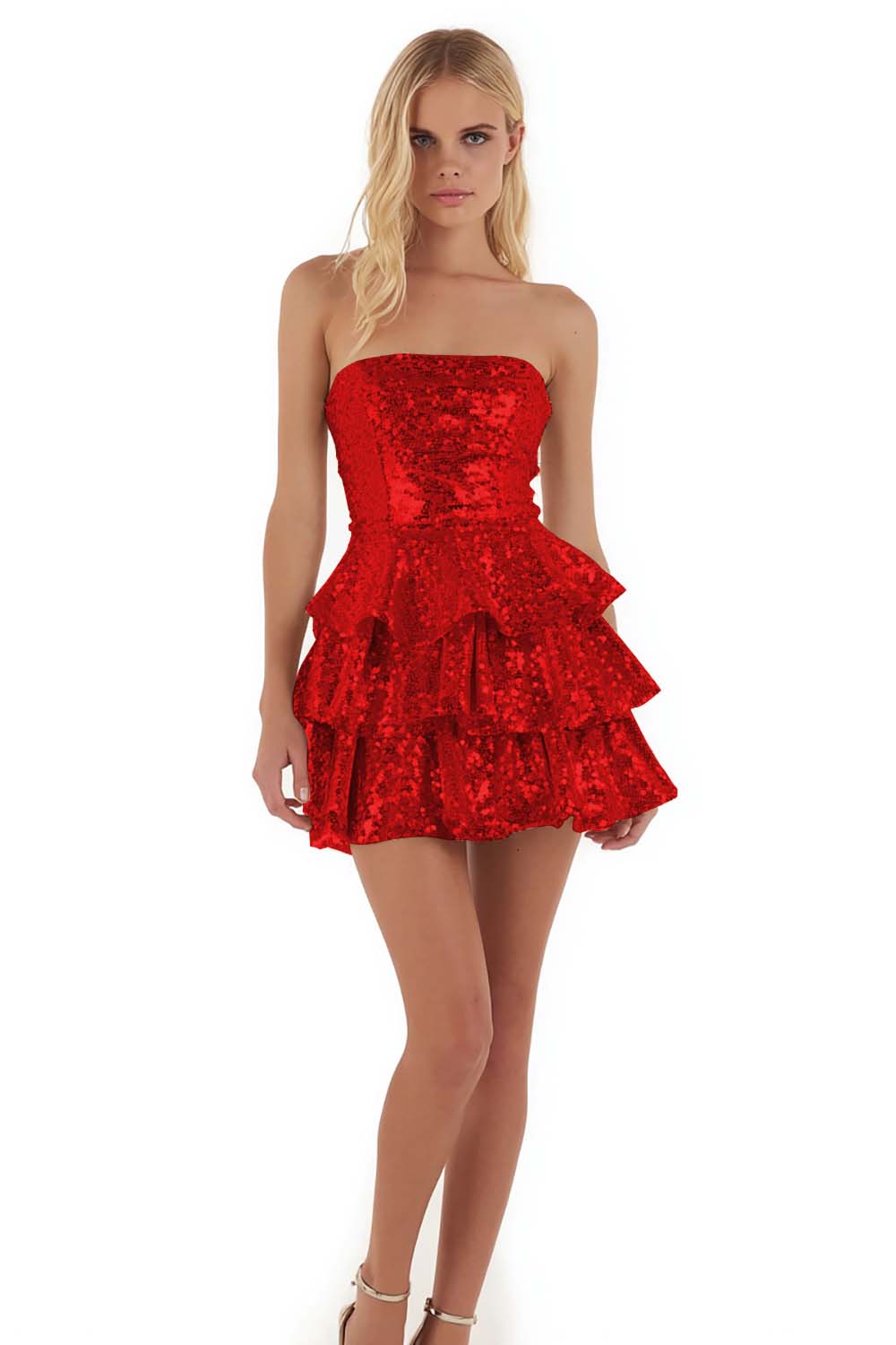 Sparkly Gold Sequin Strapless A Line Tiered Short Cocktail Dress with Ruffles