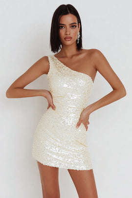 Sparkly Ivory Bodycon Sequin One Shoulder Short Cocktail Dress