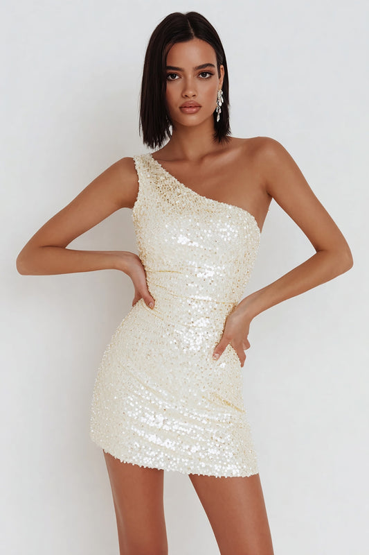Sparkly Ivory Bodycon Sequin One Shoulder Short Cocktail Dress