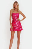 Sparkly Sequin Fuchsia A Line Strapless Short Cocktail Dress