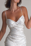 Sparkly White Bodycon Ruched Sequin Short Cocktail Dress