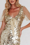 Sparkly Gold Bodycon Sequin Short Sleeves Cocktail Dress