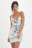 Sparkly Silver Spaghetti Straps Bodycon Sequin Short Cocktail Dress