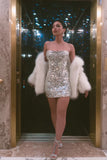 Sparkly Silver Bodycon Sequin Spaghetti Straps Short Cocktail Dress