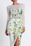 Floral Mermaid Boat Neck Long Sleeves Prom Dress with Slit