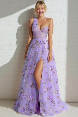 Floral Lilac A Line Tulle One Shoulder Long Prom Dress with Slit
