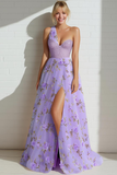 Floral Lilac A Line Tulle One Shoulder Long Prom Dress with Slit