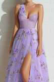 Floral Lilac A Line Tulle One Shoulder Long Prom Dress with Slit