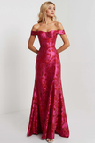 Fuchsia Floral Off the Shoulder Mermaid Long Prom Dress