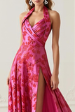 Fuchsia Floral Haler A Line Long Prom Dress with Slit