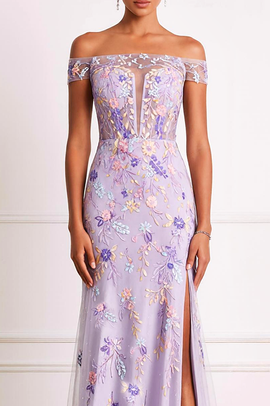Lilac Off the Shoulder Sheath Floral Long Prom Dress with Slit