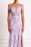 Lilac Off the Shoulder Sheath Floral Long Prom Dress with Slit