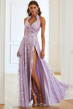 Lilac A Line Floral Halter Long Prom Dress with Slit