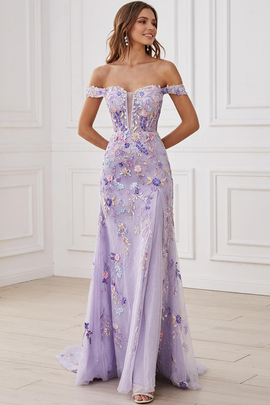 Lilac Floral Off the Shoulder Mermaid Long Prom Dress