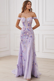 Lilac Floral Off the Shoulder Mermaid Long Prom Dress