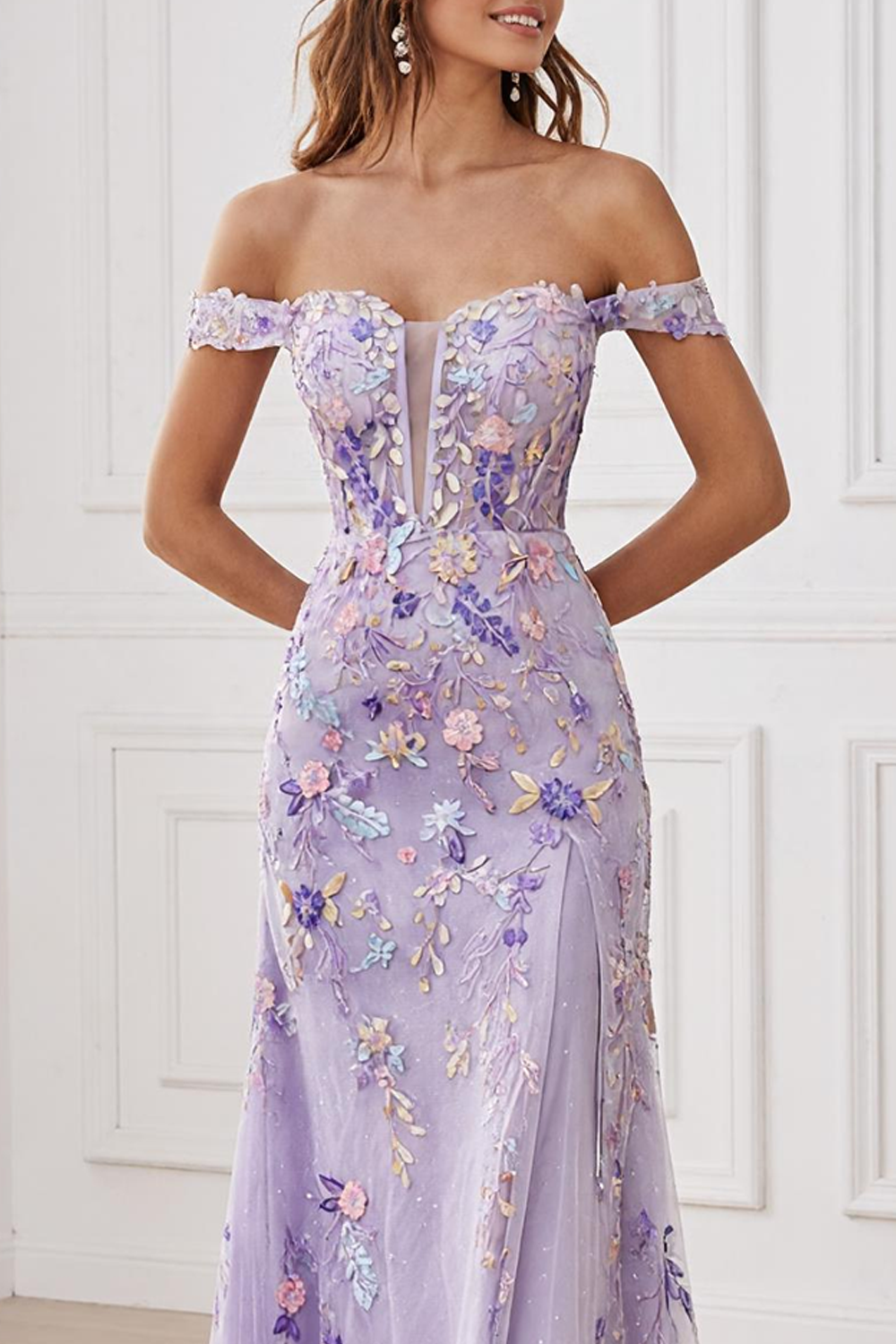 Zapakasa Women Lilac Floral Long Prom Dress with Slit Embroidered Off the Shoulder Mermaid Formal Dress Zapakasa Women Lilac Floral Long Prom Dress with Slit Embroidered Off the Shoulder Mermaid Formal Dress