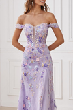 Lilac Floral Off the Shoulder Mermaid Long Prom Dress