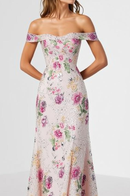 Sparkly Floral Light Pink Off the Shoulder Long Prom Dress