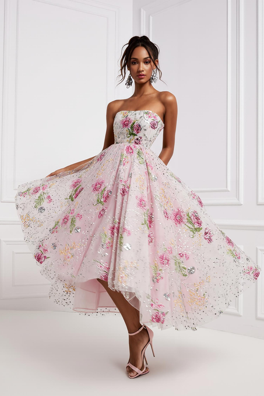 Sparkly Light Pink Floral Strapless A Line Long Prom Dress