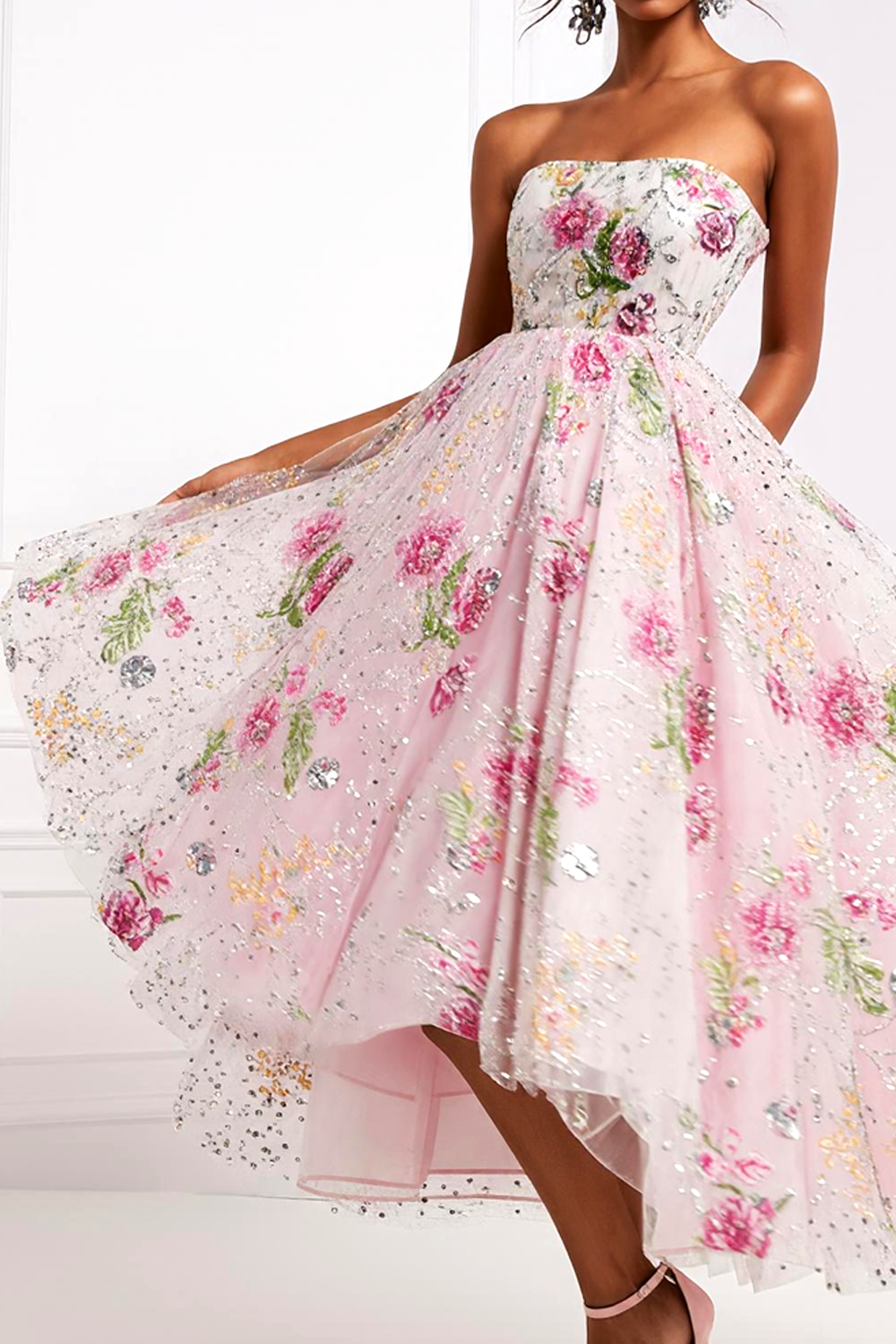 Sparkly Light Pink Floral Strapless A Line Long Prom Dress