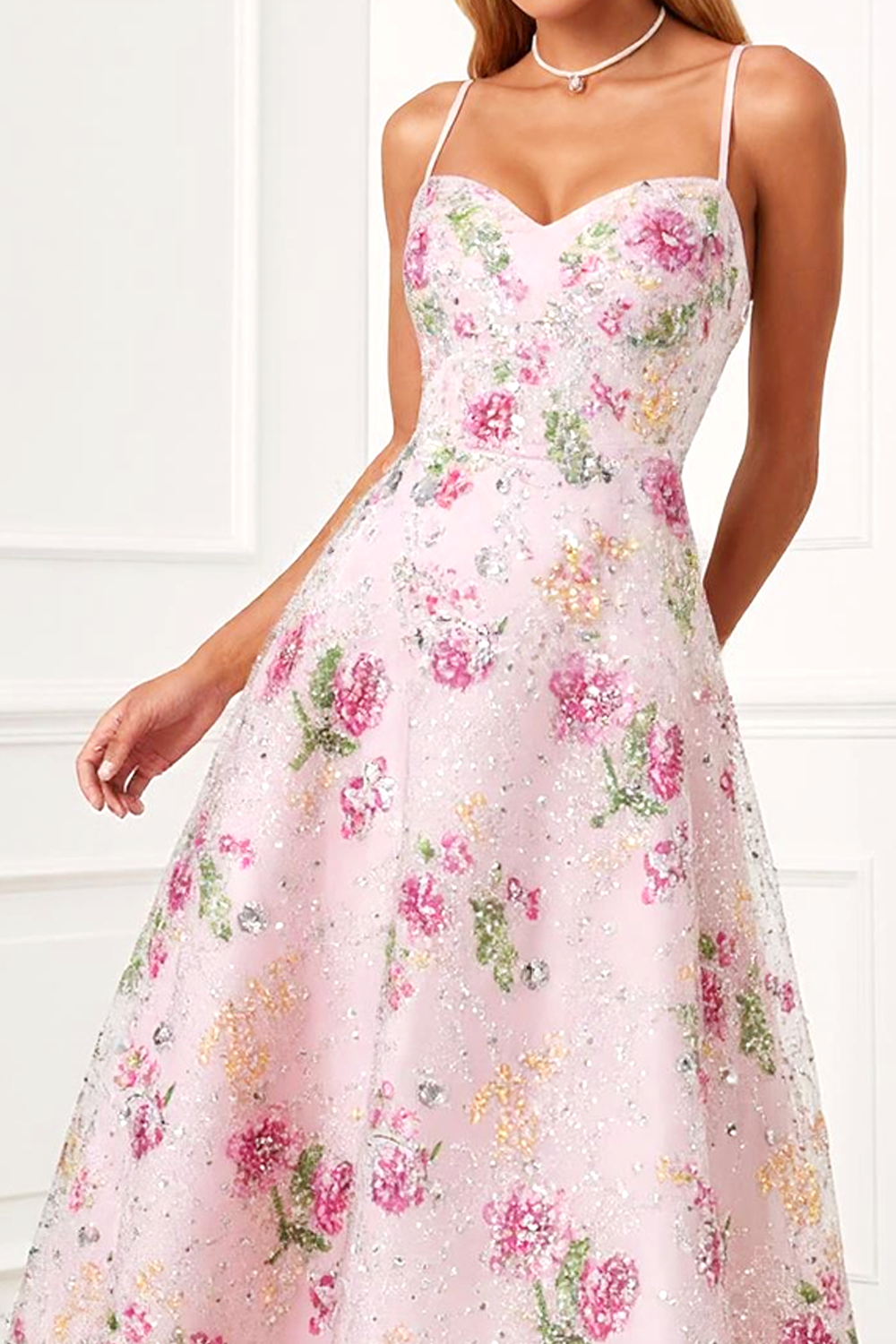 Zapakasa Women Sparkly Light Pink Floral Long Prom Dress with Sequins Spaghetti Straps A Line Gala Dress Zapakasa Women Sparkly Light Pink Floral Long Prom Dress with Sequins Spaghetti Straps A Line Gala Dress