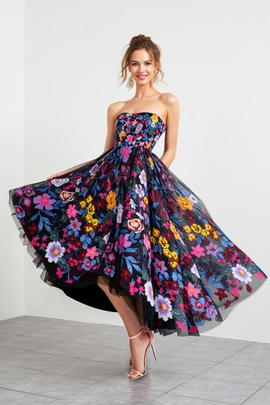 Black A Line Floral Strapless Long Prom Dress