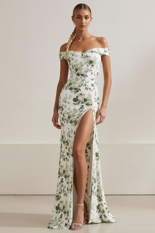 White Floral Mermaid Off the Shoulder Long Prom Dress with Slit