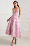Pink Floral Spaghetti Straps Appliqued Corset Midi Prom Dress
