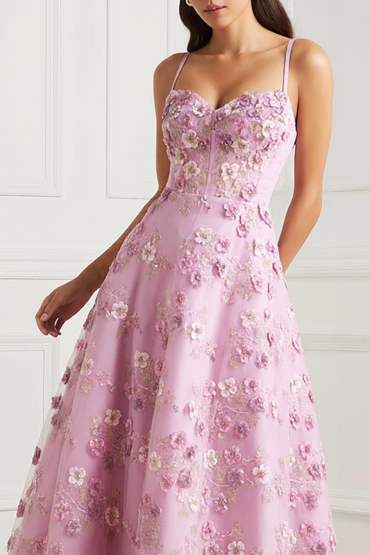 Pink Floral Spaghetti Straps Appliqued Corset Midi Prom Dress