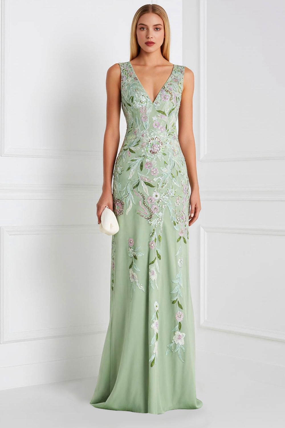 Zapakasa Women Floral Light Green Appliqued Long Prom Dress Sheath V