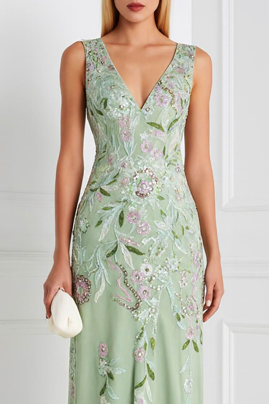 Light Green Floral V Neck Appliqued Sheath Long Prom Dress