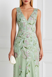 Light Green Floral V Neck Appliqued Sheath Long Prom Dress