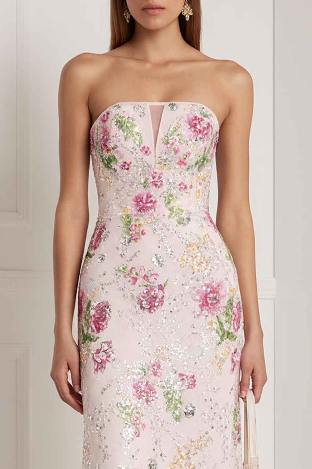 Sparkly Pink Floral Beaded Strapless Mermaid Long Prom Dress with Keyhole