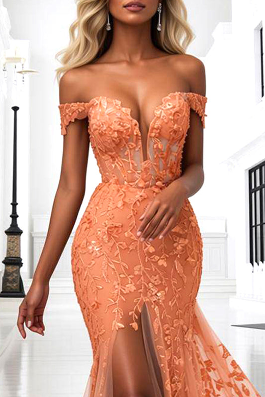 Orange Floral Corset Mermaid Long Prom Dress with Slit