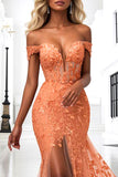 Orange Floral Corset Mermaid Long Prom Dress with Slit