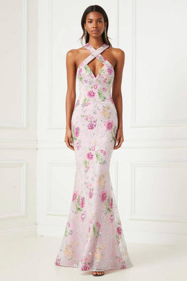 Sparkly Pink Floral Mermaid Long Prom Dress with Keyhole