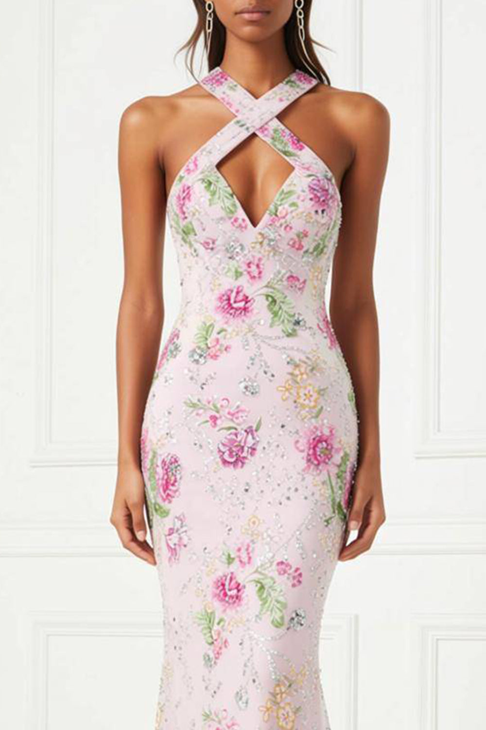 Sparkly Pink Floral Mermaid Long Prom Dress with Keyhole