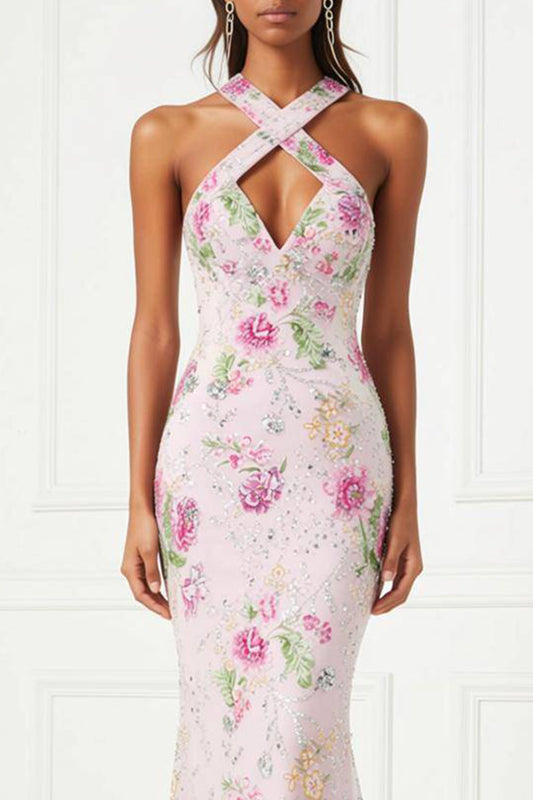 Sparkly Pink Floral Mermaid Long Prom Dress with Keyhole