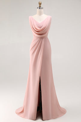 Blush Pink Cowl Neck Long Bridesmaid Dress with Slit