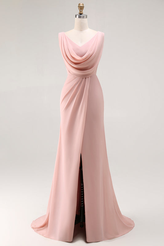 Blush Pink Cowl Neck Long Bridesmaid Dress with Slit