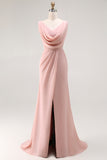 Blush Pink Cowl Neck Long Bridesmaid Dress with Slit