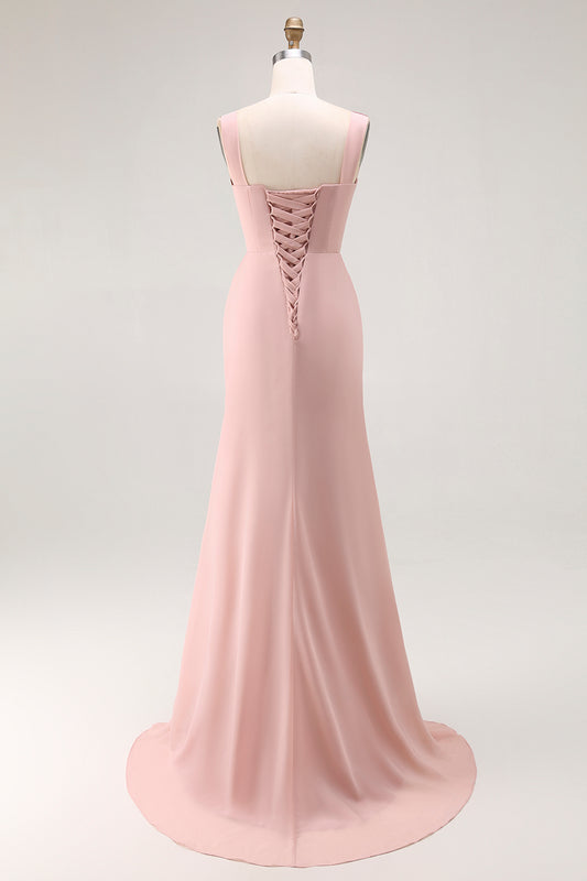 Blush Pink Cowl Neck Long Bridesmaid Dress with Slit